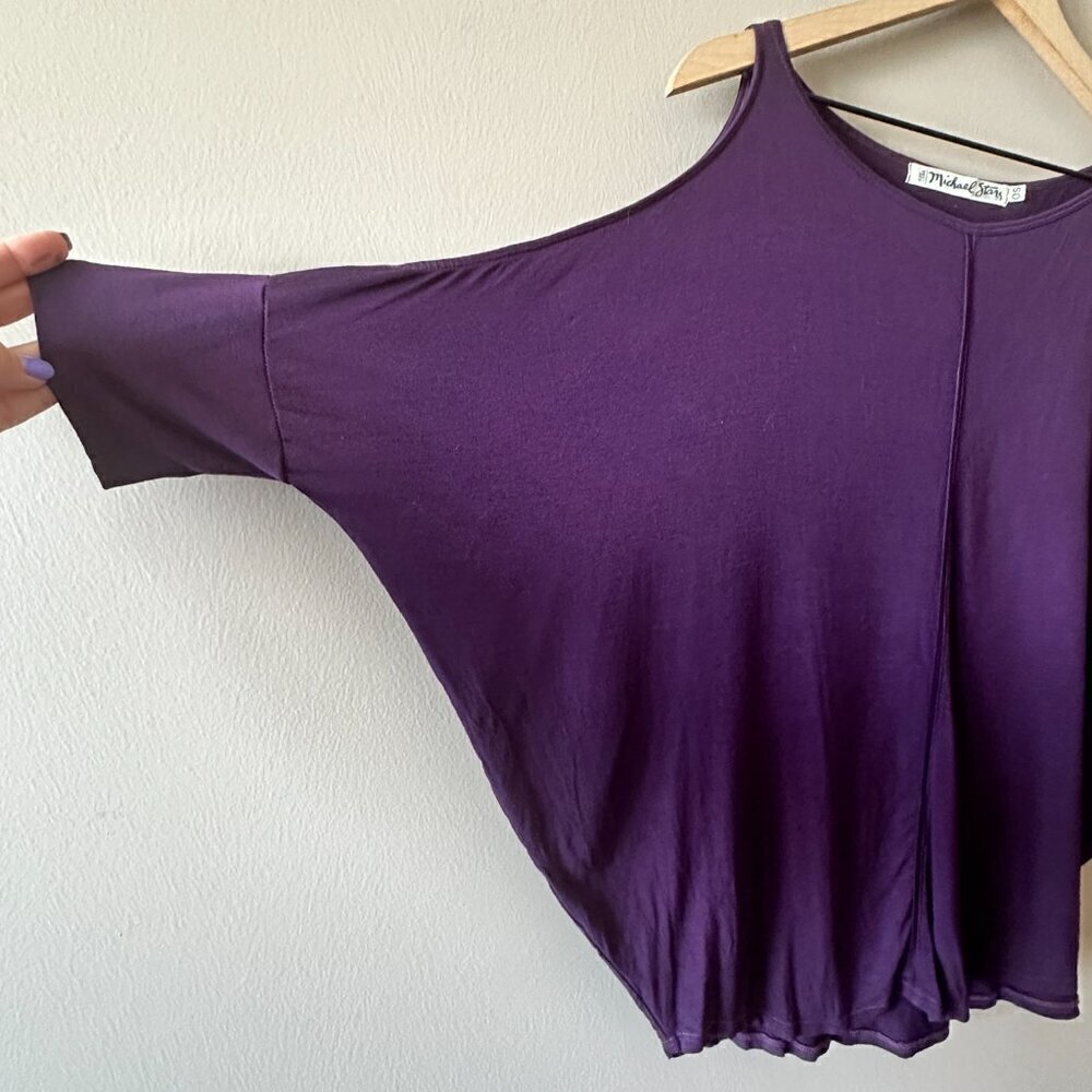 Women's OS Michael Stars Cold Shoulder Deep Purple Top Dolman Sleeve Scoop Neck - Picture 5 of 8